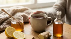 Tazza di tisana calda con miele, limone e zenzero su un tavolo, rimedio naturale per tosse e raffreddore