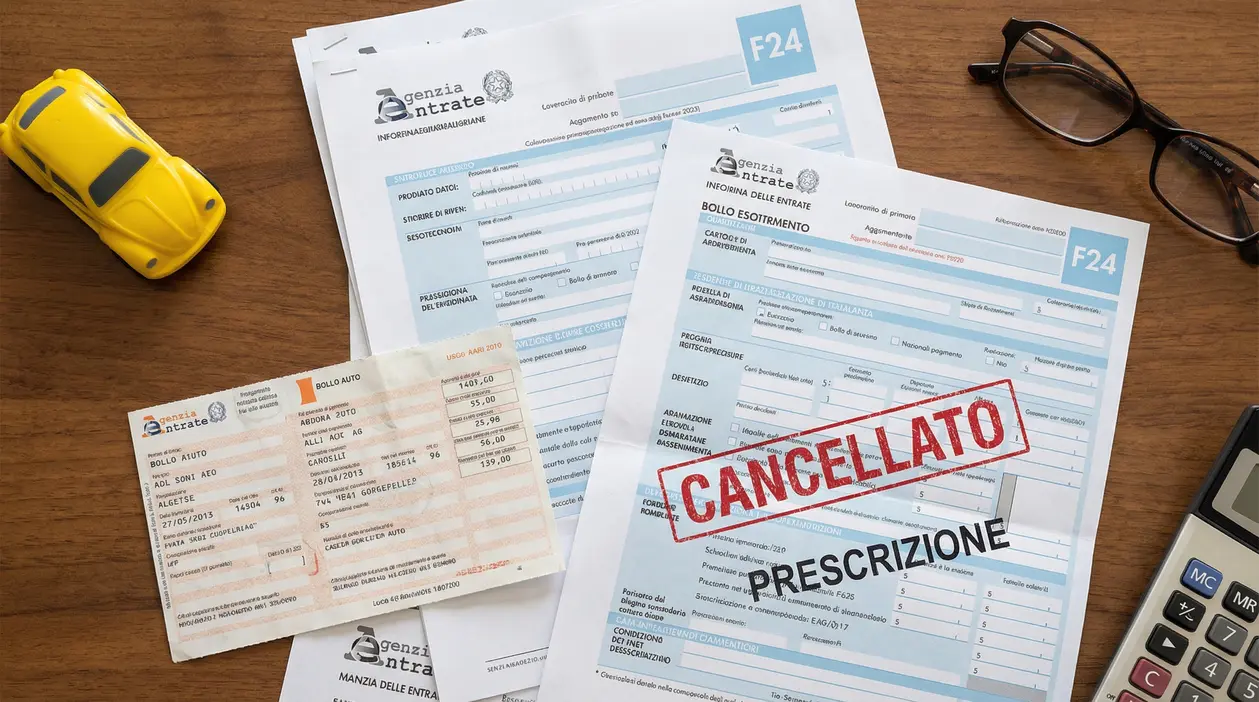 Moduli F24 e ricevuta del bollo auto su scrivania con calcolatrice e occhiali, per tema prescrizione debiti
