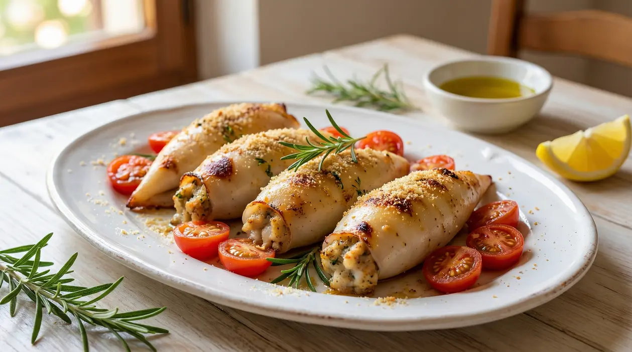 Calamari ripieni al forno su piatto bianco con pomodorini, rosmarino, olio e spicchi di limone