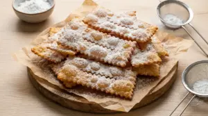 Chiacchiere di Carnevale fritte spolverate di zucchero a velo su tagliere di legno con carta forno