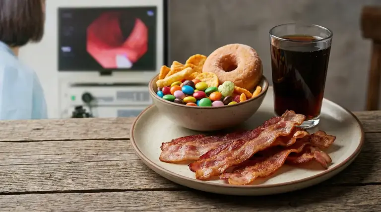 Snack e cibi ultraprocessati con bacon, donut, patatine, caramelle e bibita su tavolo, in contesto medico
