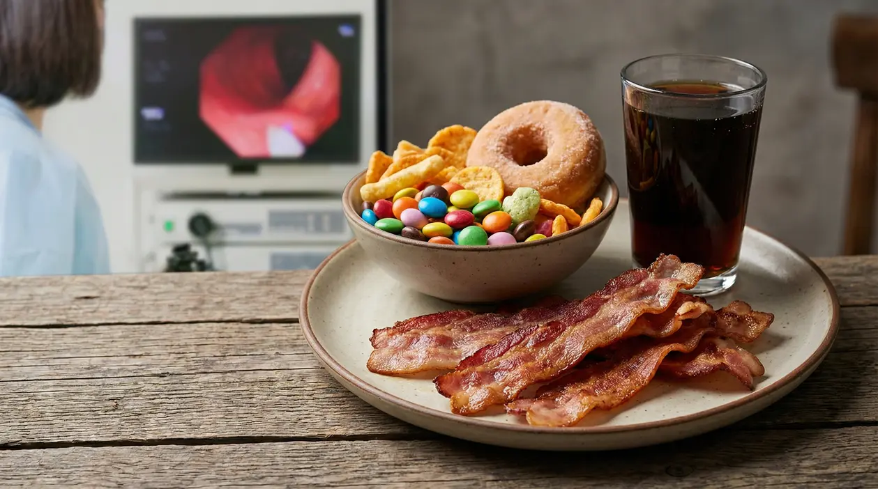 Snack e cibi ultraprocessati con bacon, donut, patatine, caramelle e bibita su tavolo, in contesto medico