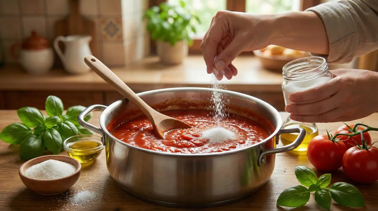 Mani che aggiungono zucchero in una pentola di sugo di pomodoro sul fornello, con basilico e pomodori sul tavolo