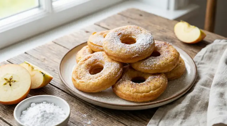 Frittelle di mele al forno a forma di ciambella, spolverate di zucchero a velo su piatto, con mele a fette