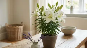 Pianta di giglio bianco in vaso su un tavolo di legno vicino a una finestra, per profumare la casa in modo naturale