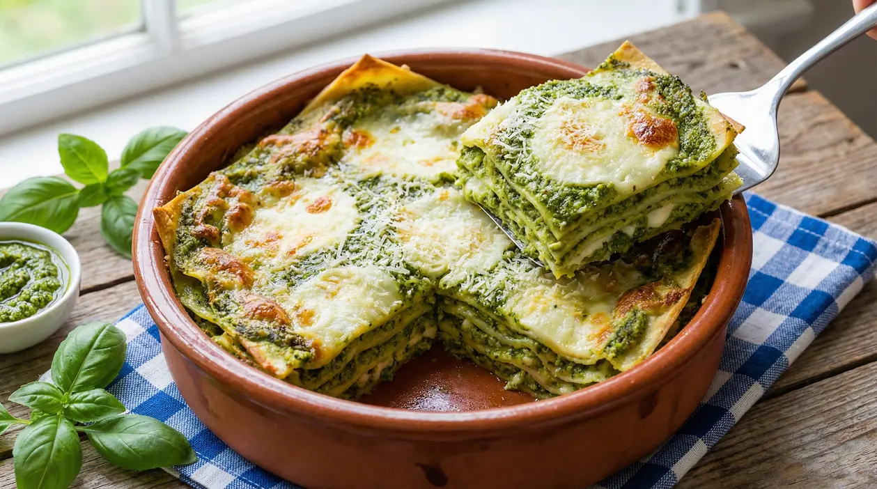Lasagne al pesto appena sfornate in teglia di terracotta, con una porzione servita su spatola e formaggio fuso