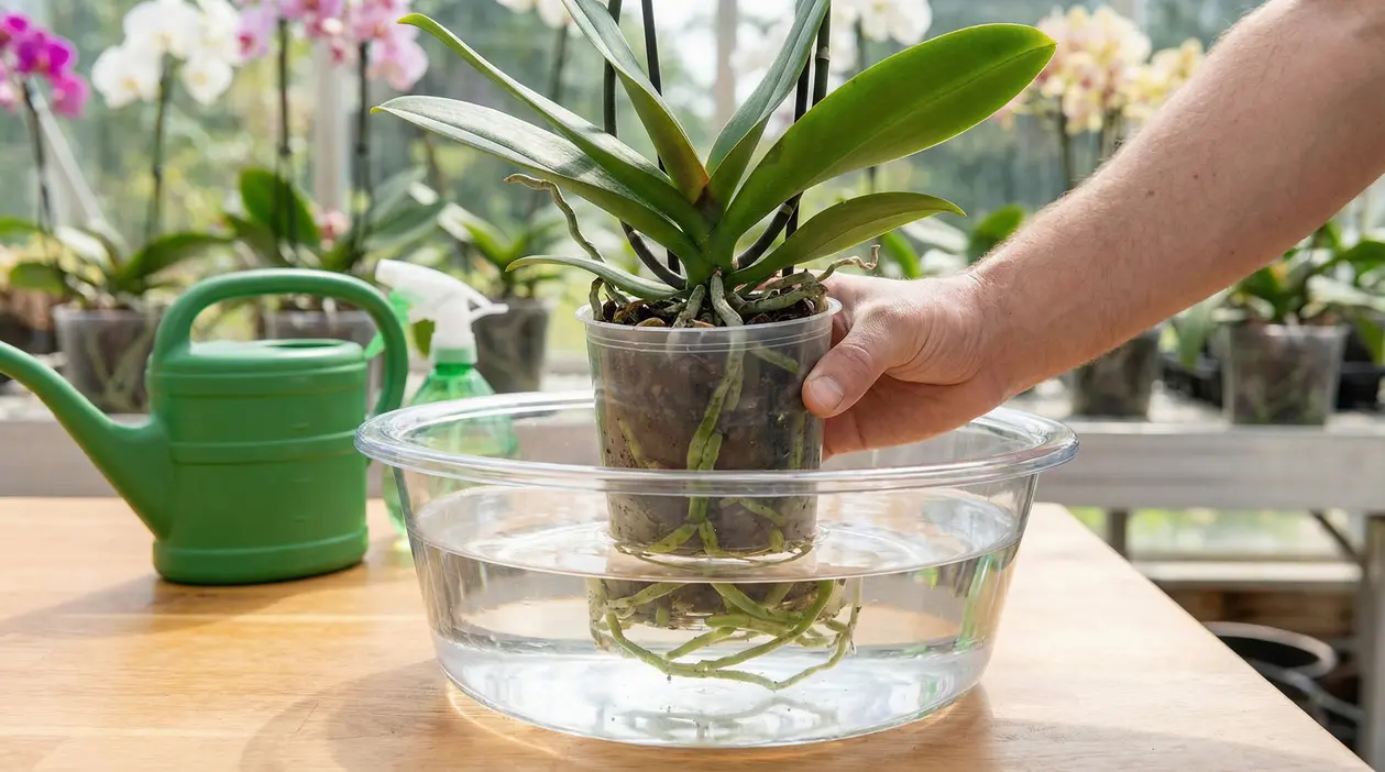 Mano che immerge un vaso trasparente di orchidea in una bacinella d’acqua per l’irrigazione per immersione