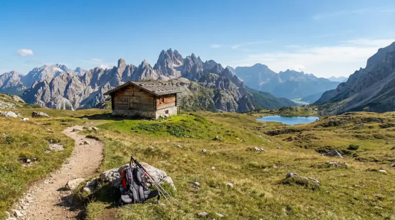 Baita in legno su un prato alpino con sentiero, lago e cime montuose sullo sfondo