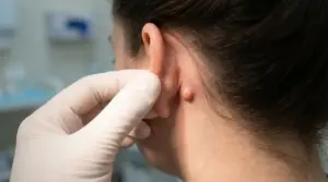 Medico con guanti esamina un nodulo dietro l’orecchio di una persona durante una visita