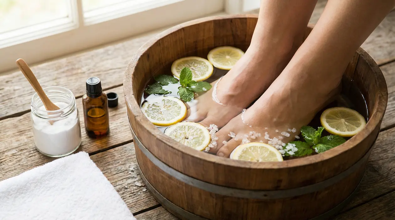 Pediluvio in bacinella di legno con fette di limone, menta e sale, rimedio naturale contro i piedi che puzzano