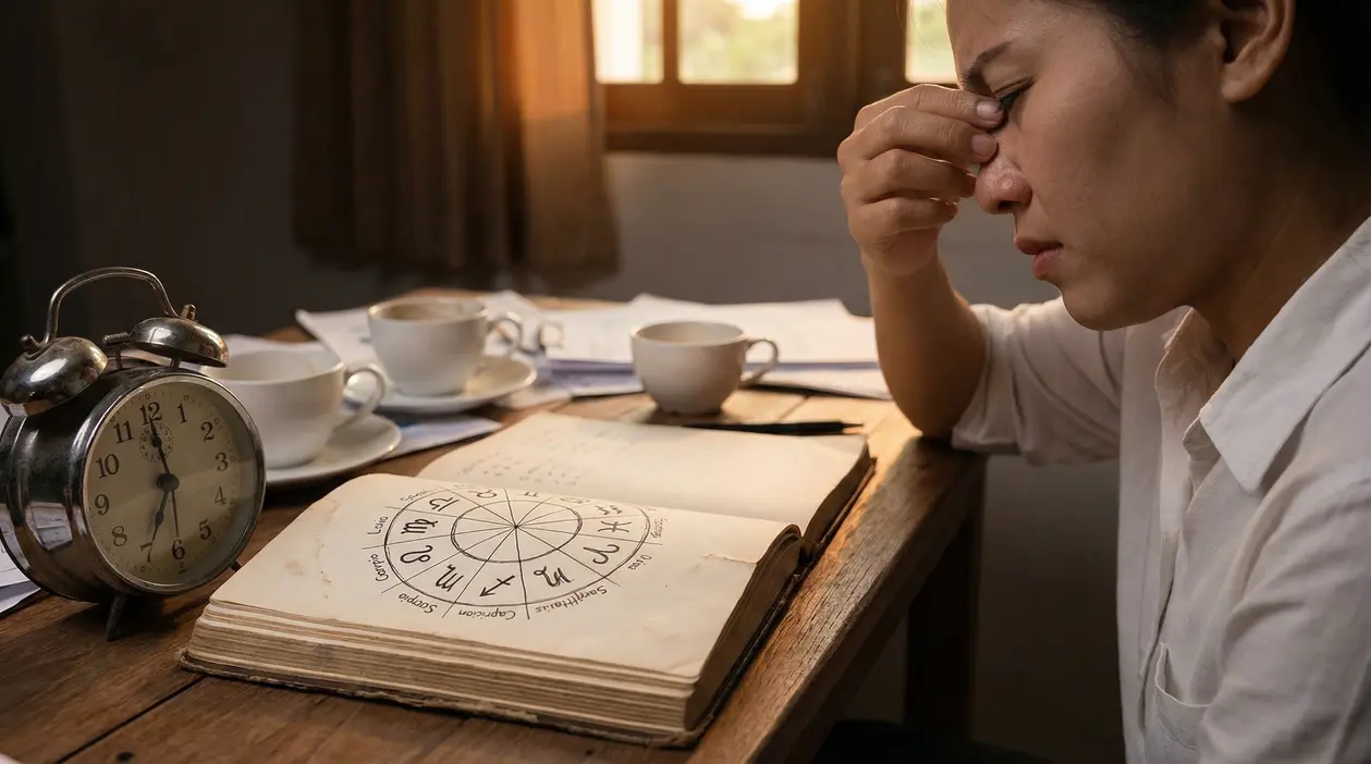 Persona stanca al tavolo con libro di astrologia aperto, orologio e tazze di caffè, in luce del mattino