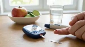 Misurazione della glicemia con glucometro: dito con goccia di sangue, striscia reattiva e frutta sul tavolo