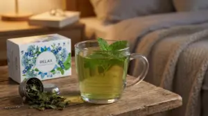 Tazza di tisana rilassante con foglie di melissa su un comodino accanto al letto, in una camera da letto