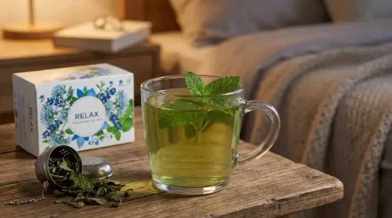 Tazza di tisana rilassante con foglie di melissa su un comodino accanto al letto, in una camera da letto