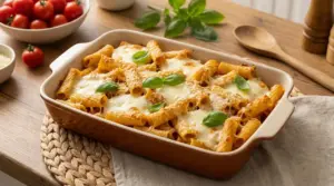 Pasta al forno veloce con rigatoni, mozzarella filante e basilico in pirofila, pronta da servire