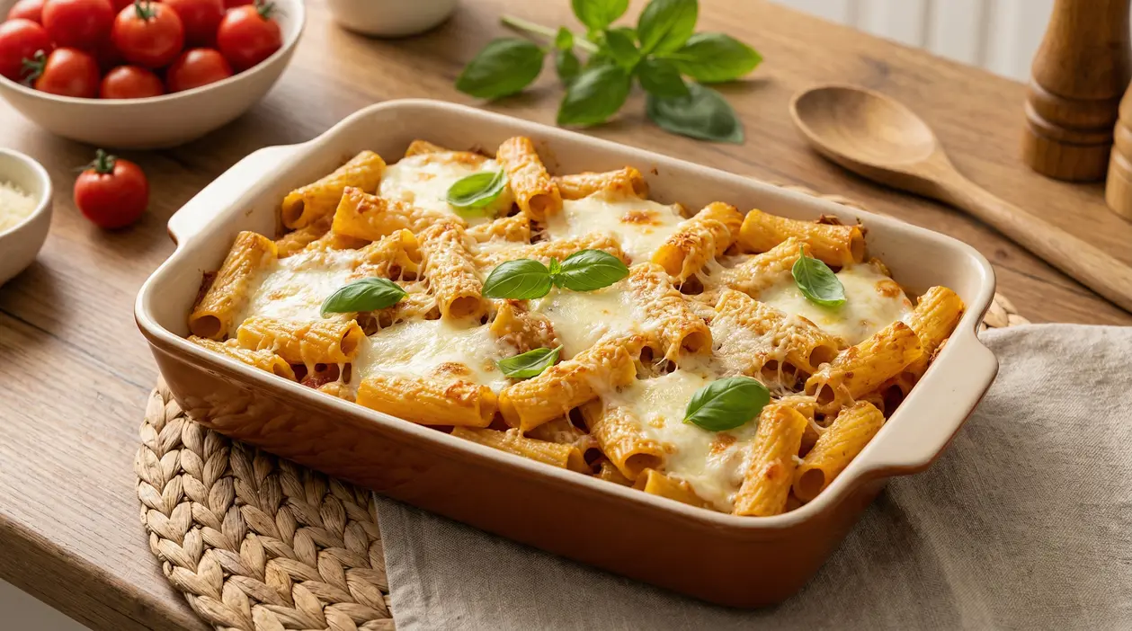 Pasta al forno veloce con rigatoni, mozzarella filante e basilico in pirofila, pronta da servire