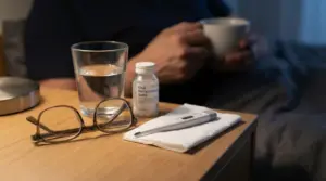 Occhiali, termometro e bicchiere d’acqua sul comodino, con una persona che tiene una tazza in mano