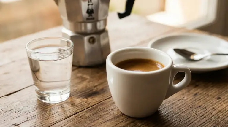 Tazzina di caffè espresso con bicchiere d’acqua su un tavolo, con moka sullo sfondo