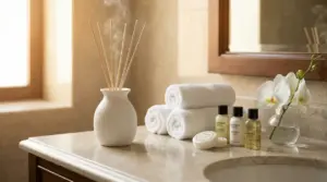 Diffusore di profumo con bastoncini e asciugamani arrotolati su un lavabo in stile hotel