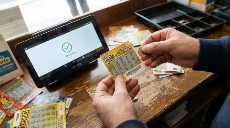 Mani che grattano un gratta e vinci al banco di una tabaccheria, con terminale di verifica accanto