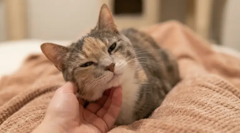 Gatto rilassato sul letto mentre una persona lo accarezza sotto il mento, con occhi socchiusi