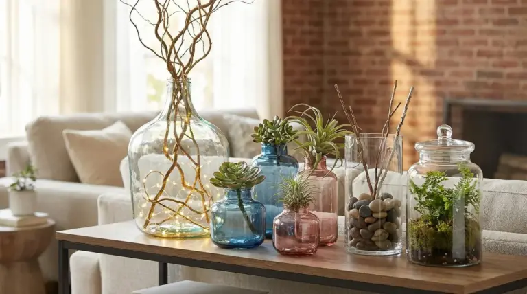 Vasi e barattoli di vetro decorativi su un tavolino in salotto, con piante grasse, rami, sassi e luci.