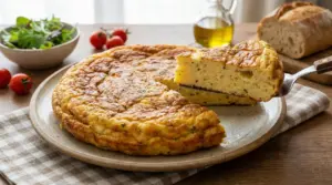 Frittata alta e soffice su un piatto, con una fetta sollevata su una spatola e contorni sul tavolo