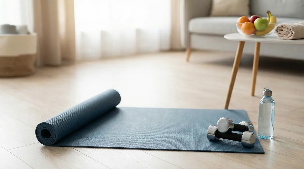 Tappetino fitness con manubri e borraccia in un salotto, con frutta su un tavolino